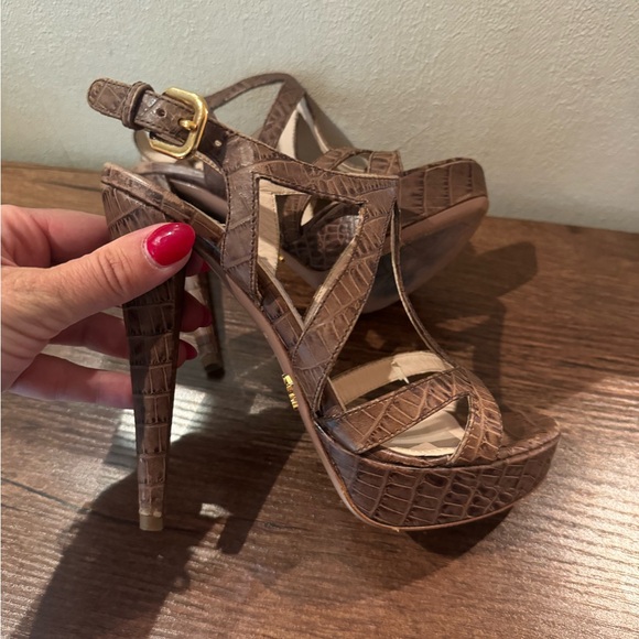 Prada Platform Sandals Brown Croc-Embossed Leather Slingback Heels - Picture 13 of 14